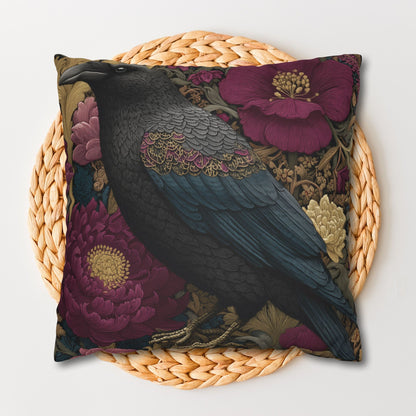 Elegant Raven & Peony Floral Pillow, Gothic Dark Academia Throw Pillow, Bohemian Raven Pillow, Gothic Home Decor, Gift for Bird Lovers