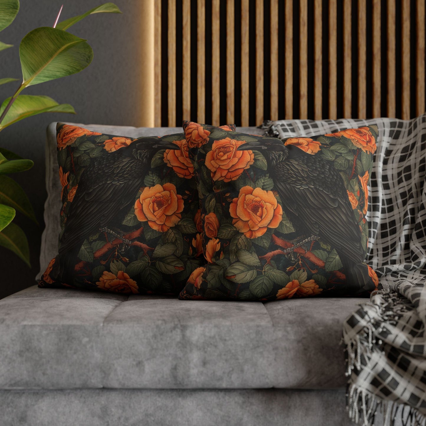 William Morris Inspired Raven Orange Roses Gothic Throw Pillowcase