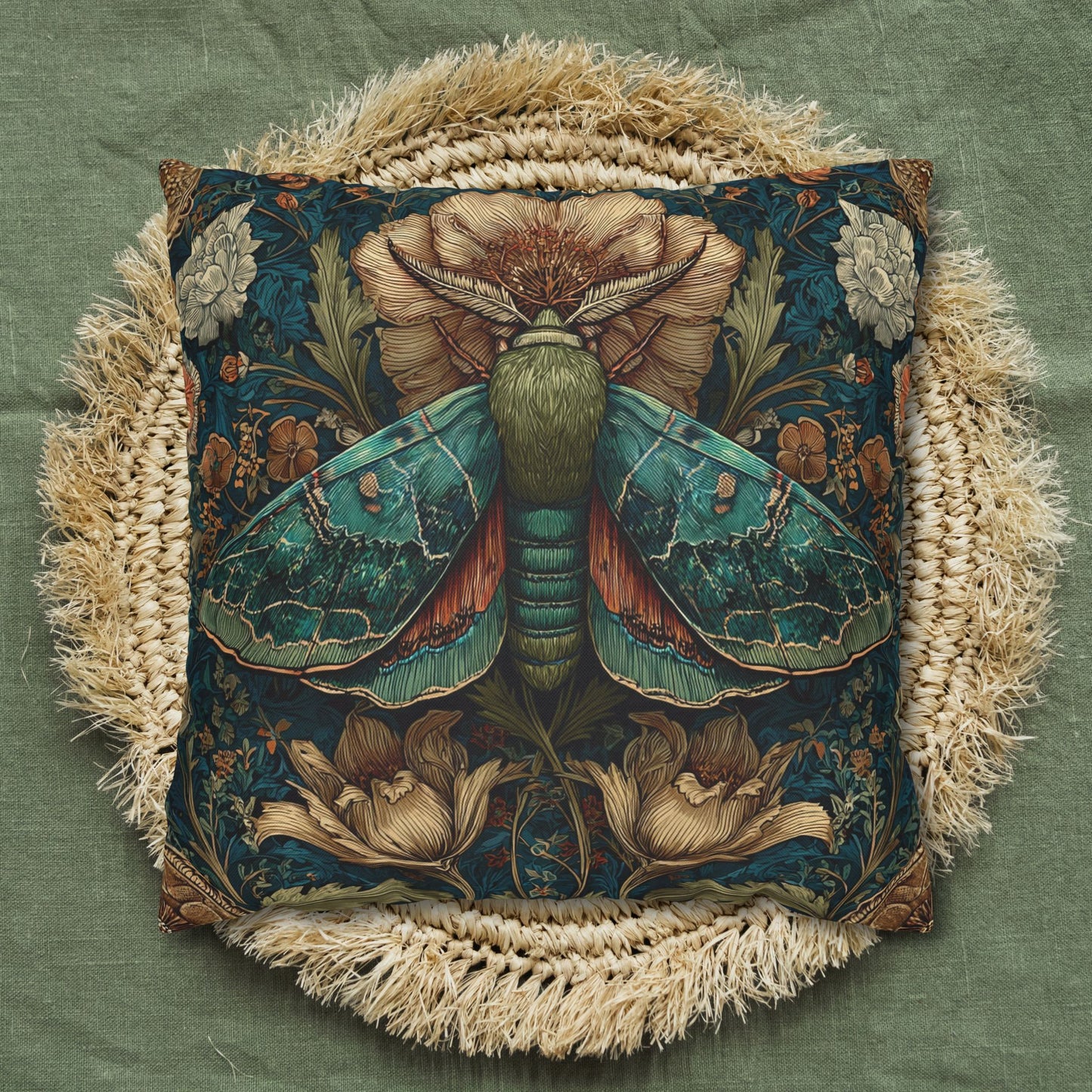 William Morris Inspired Moth Pillowcase, Teal Botanical Art Nouveau Cushion, Vintage Floral Nature Square Pillowcase