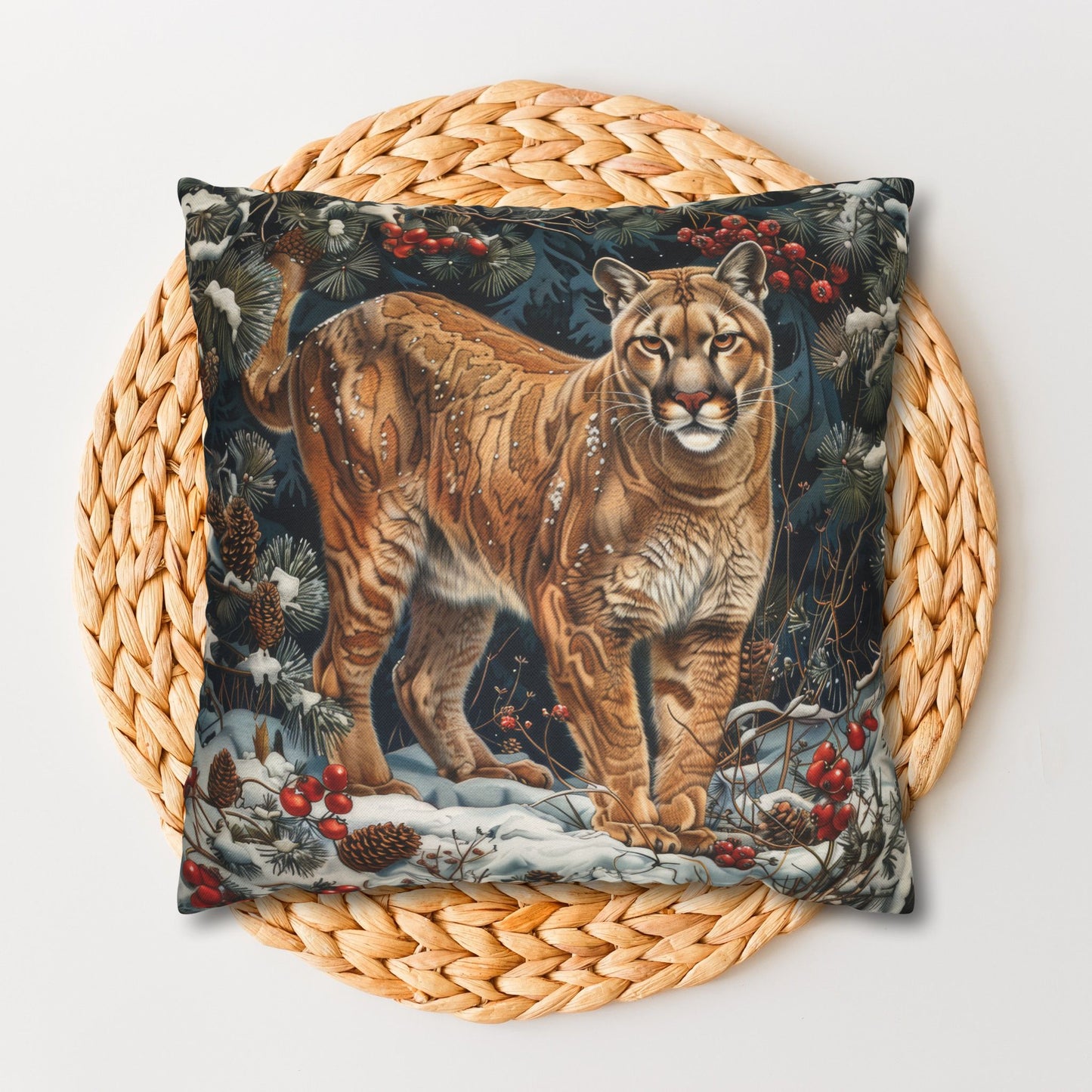 Winter Mountain Lion William Morris Inspired Decorative Pillowcase