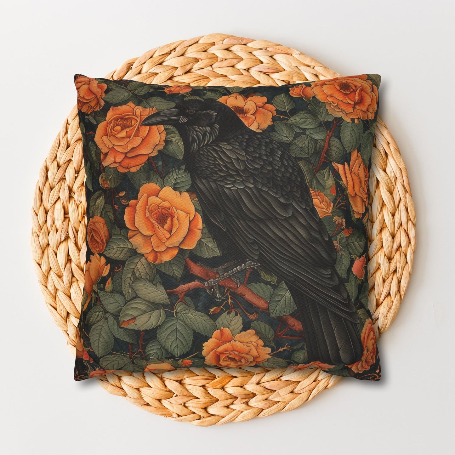 William Morris Inspired Raven Orange Roses Gothic Throw Pillowcase