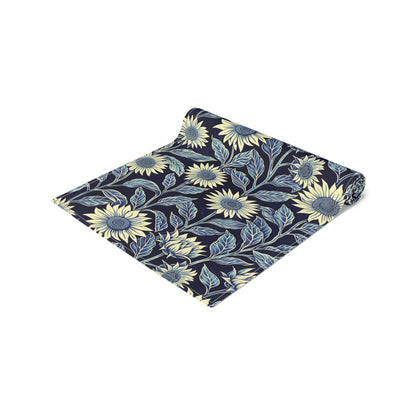 Woodblock Print Indigo Ink Sunflower Pattern, William Morris Inspired, Table Runner Home Decor (Cotton, Poly)