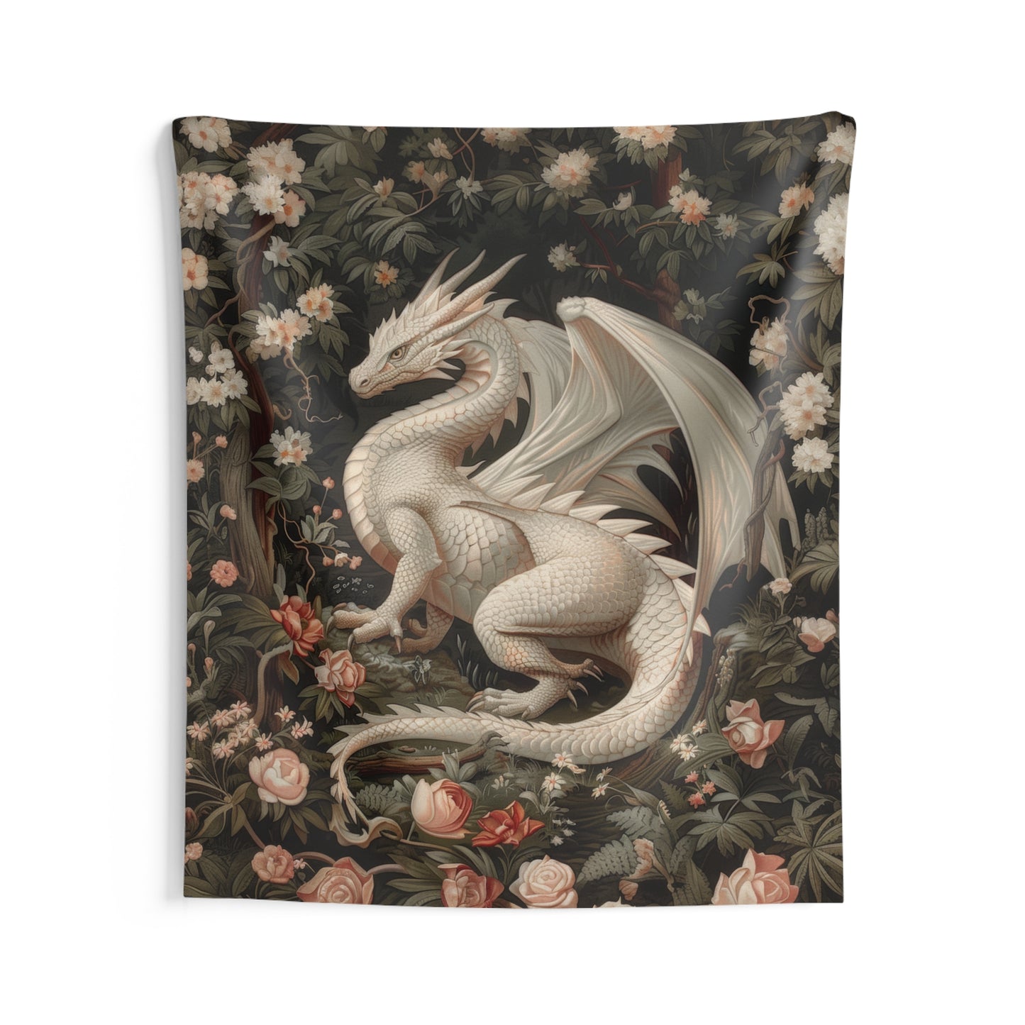 Tapestry of Magical White Dragon | William Morris Medieval Style Wall Art | Cottagecore Hanging and Home Decor