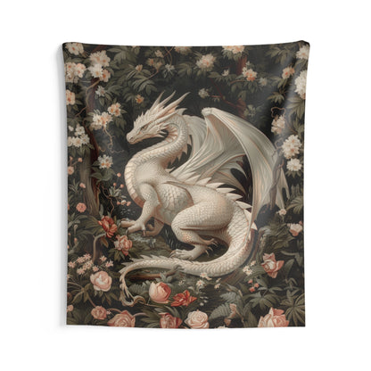 Tapestry of Magical White Dragon | William Morris Medieval Style Wall Art | Cottagecore Hanging and Home Decor