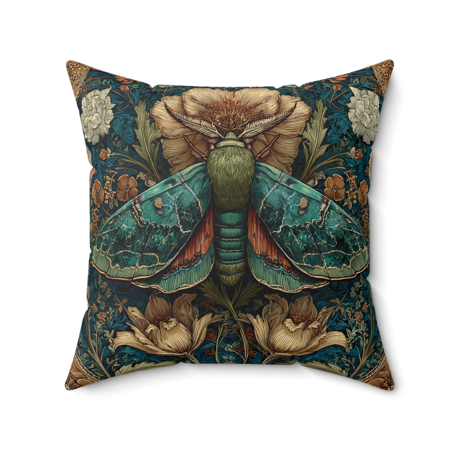 William Morris Inspired Moth Pillow, Teal Botanical Art Nouveau Cushion, Vintage Floral Nature Square Pillow