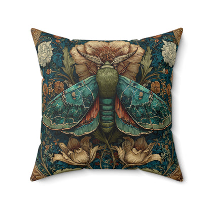 William Morris Inspired Moth Pillow, Teal Botanical Art Nouveau Cushion, Vintage Floral Nature Square Pillow
