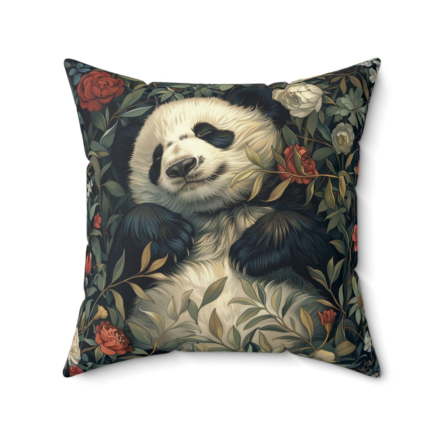 Panda Floral Decorative Pillow, Relaxed Garden Animal Throw Cushion