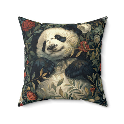 Panda Floral Decorative Pillow, Relaxed Garden Animal Throw Cushion