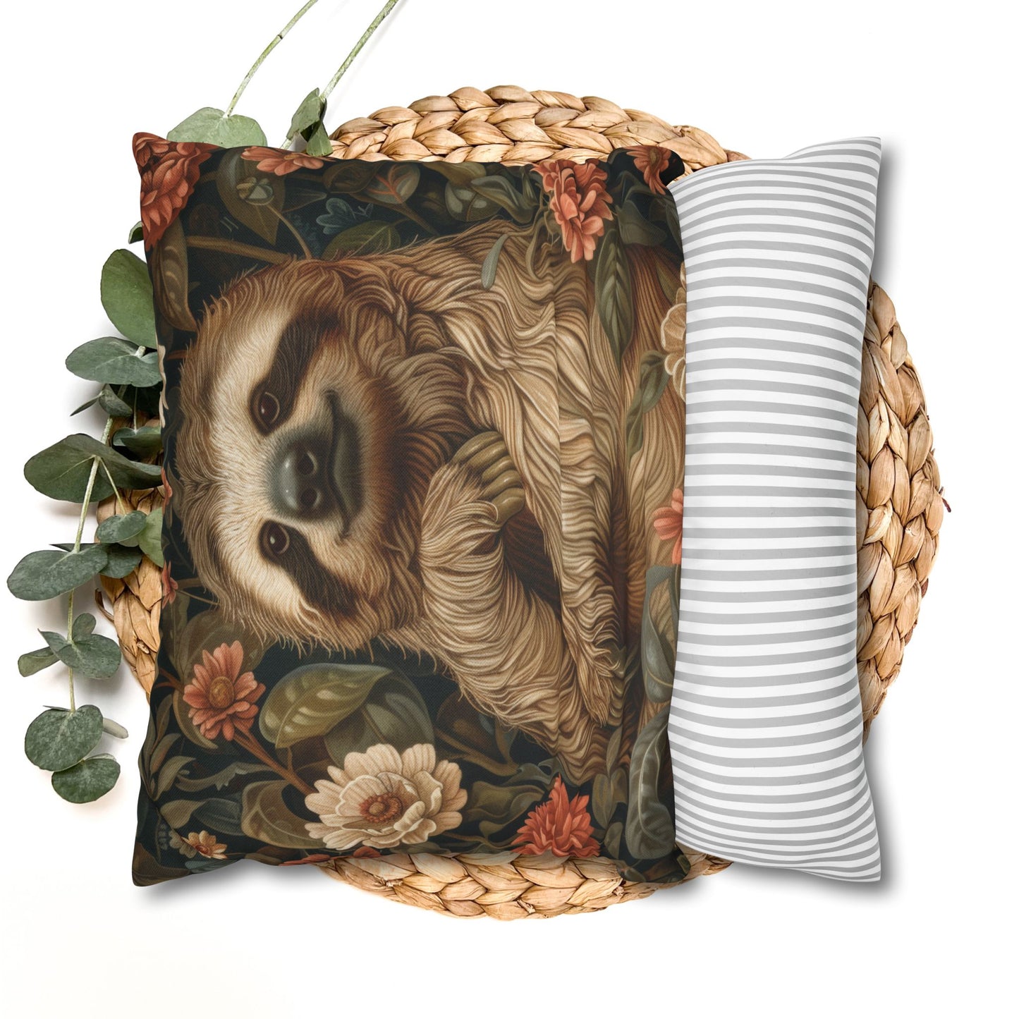 Botanical Sloth Pillowcase, Cozy Woodland Animal Cushion, William Morris Inspired Floral Throw Pillowcase
