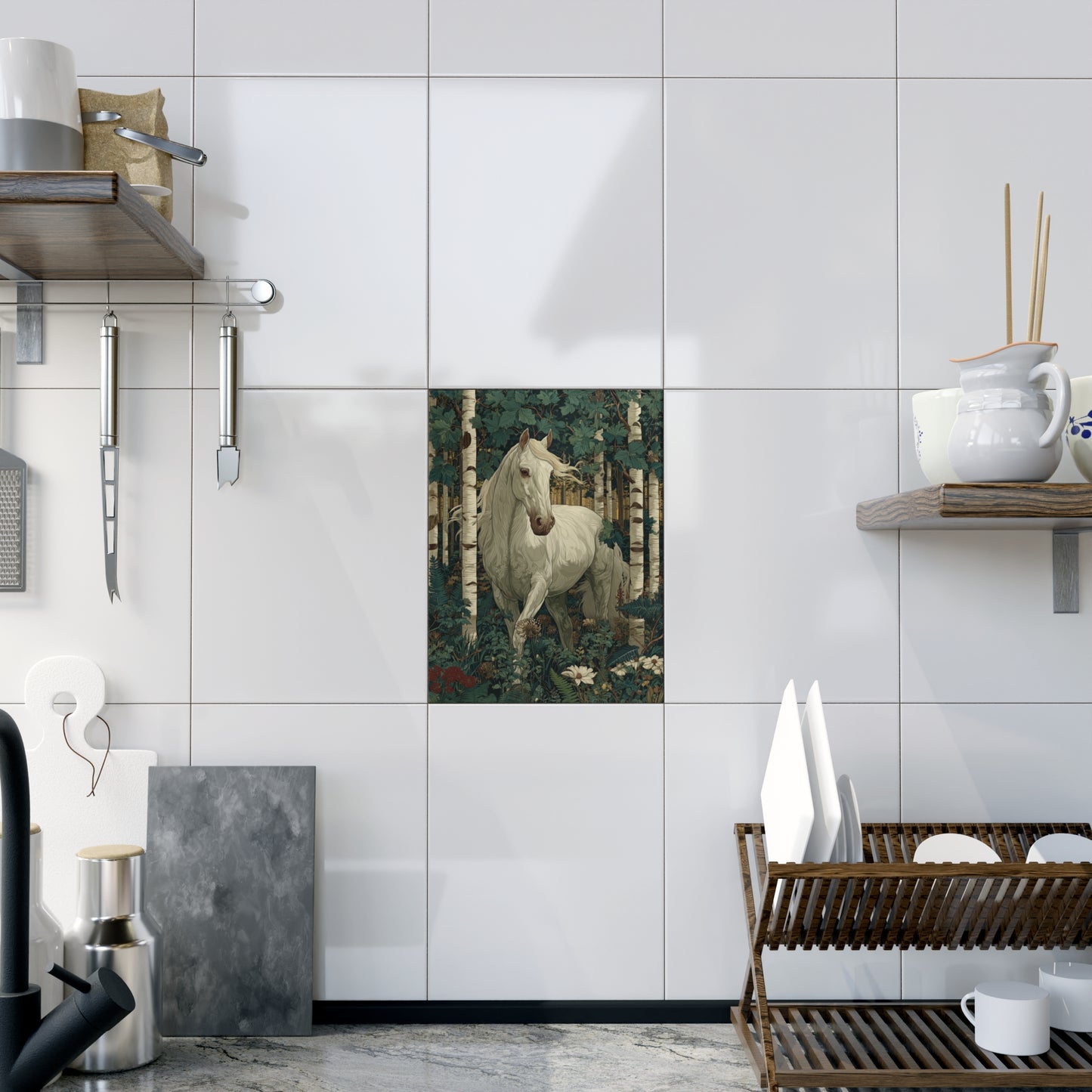 White Horse in Birch Forest Ceramic Tile | William Morris Inspired Woodland Art 6x8 Glossy Decor