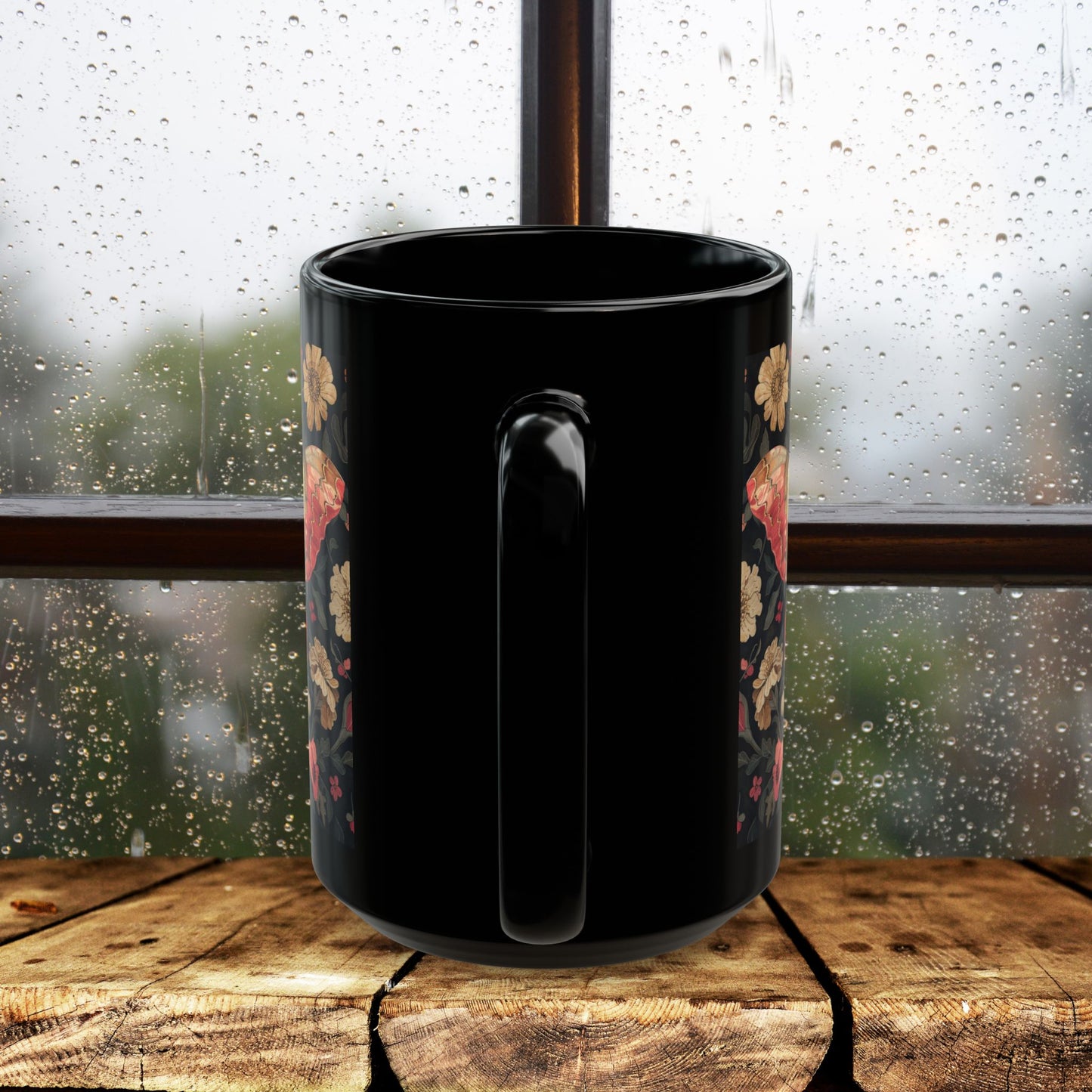 William Morris Inspired Botanical Rosy Maple Moth Black Mug 11oz, 15 oz