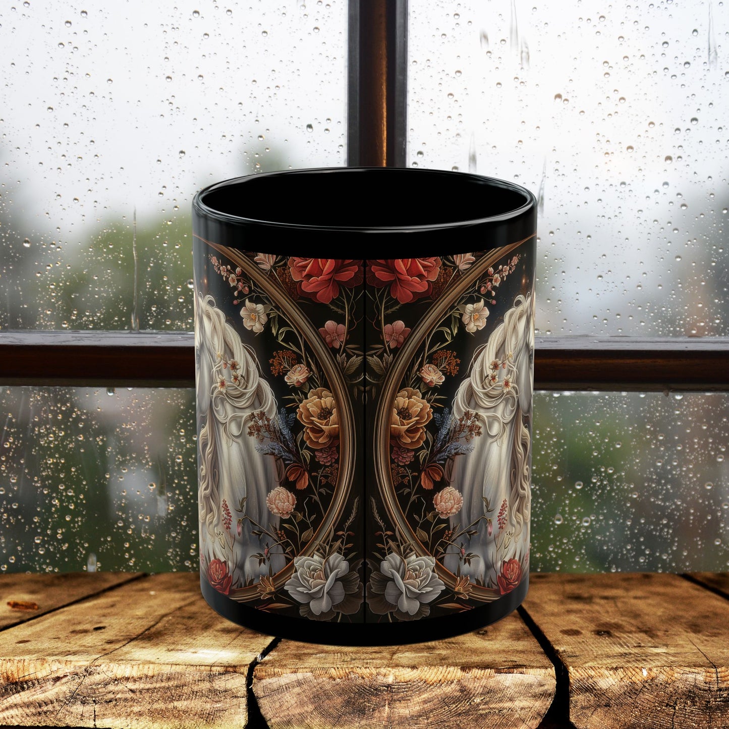 William Morris Inspired Victorian White Unicorn Botanical Black Coffee Mug 11oz, 15oz - Unique Gift for Tea Lovers, Floral Mug, Gift for