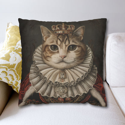 Royal Cat Pillowcase,  Aristocratic Kitty Cushion in Crown & Renaissance Attire, Whimsical Pet Portrait Home Décor