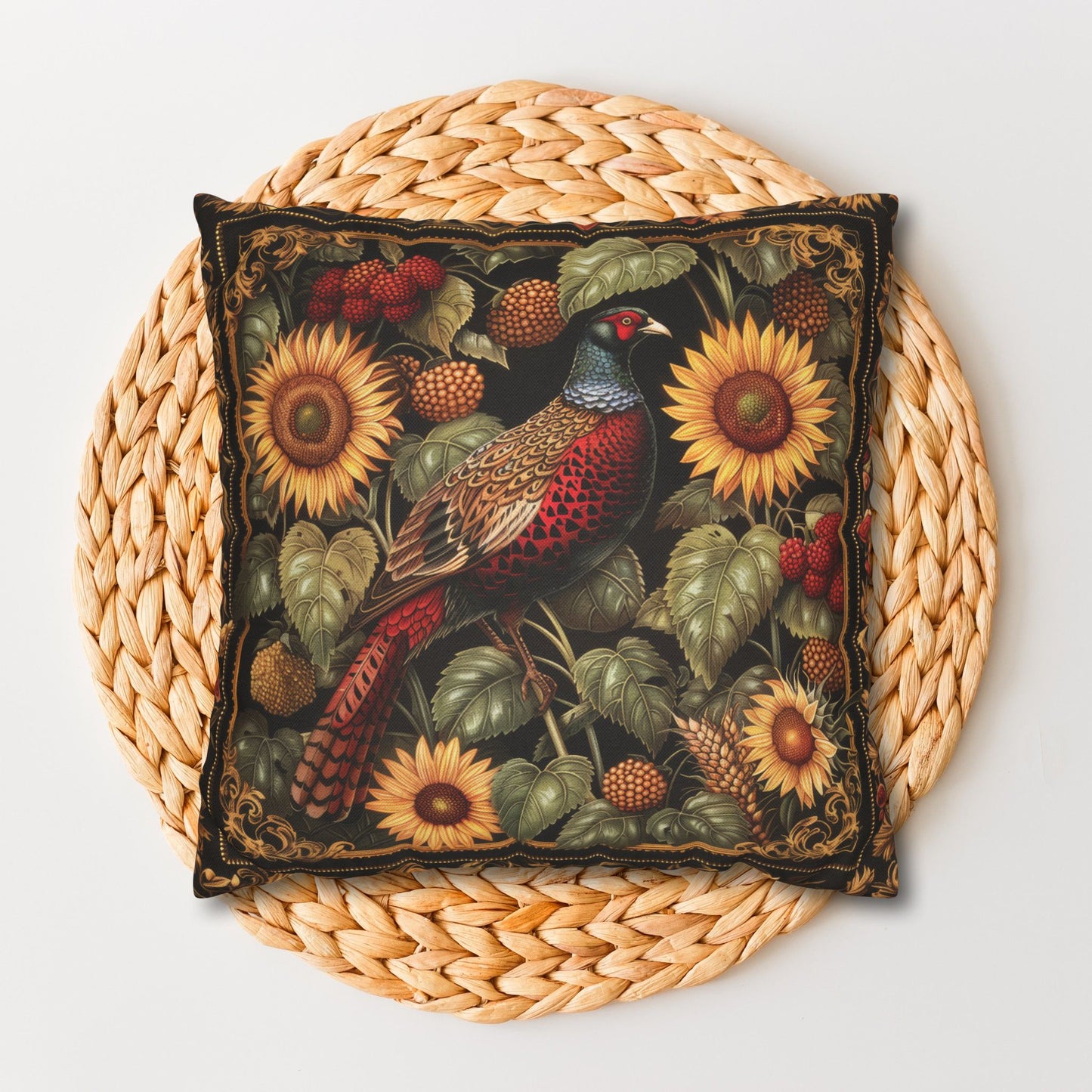 William Morris Inspired Pheasant Sunflowers Art Deco Print Pillowcase