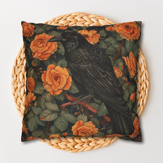 William Morris Inspired Raven Orange Roses Gothic Throw Pillowcase
