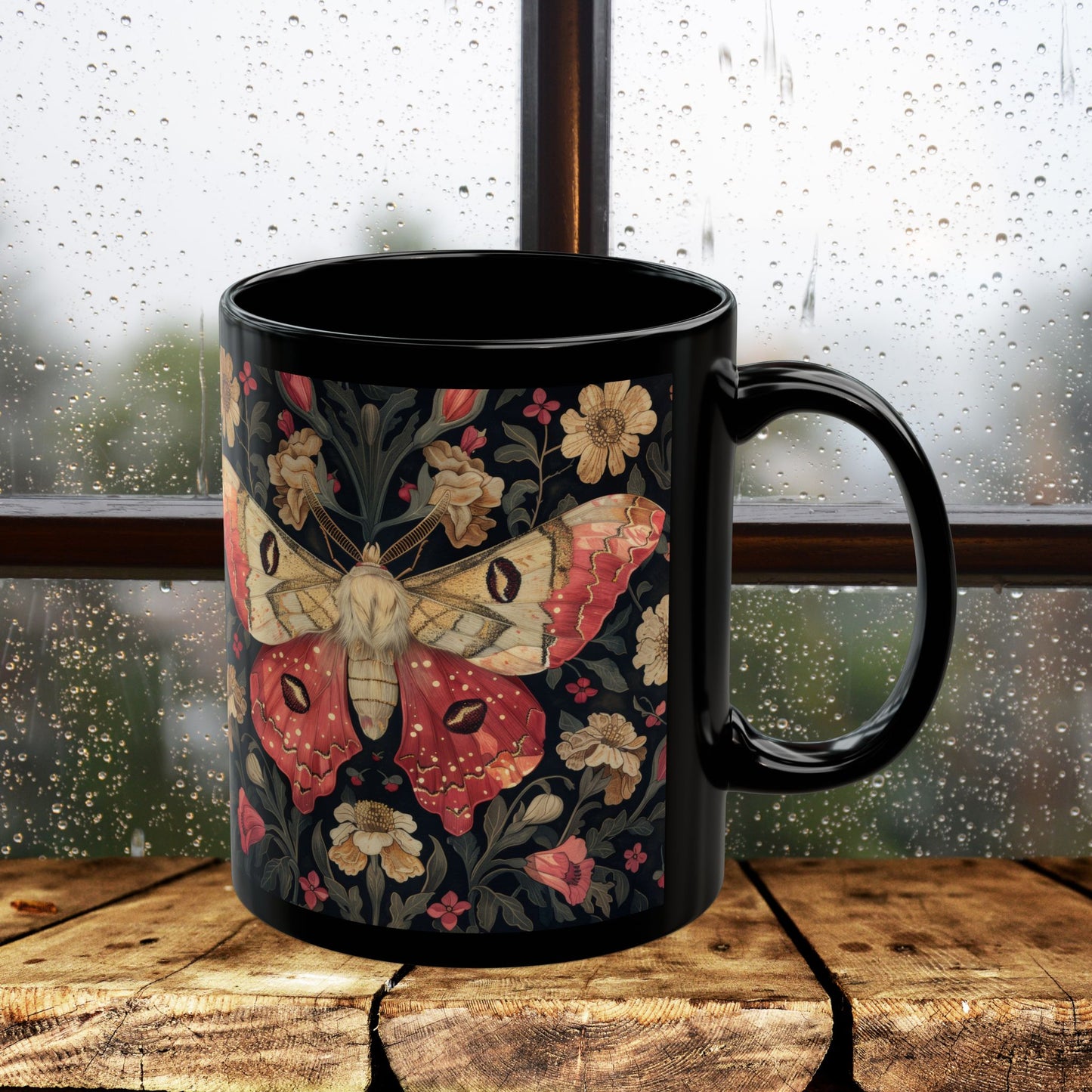 William Morris Inspired Botanical Rosy Maple Moth Black Mug 11oz, 15 oz
