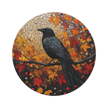 Mystical Raven Autumn Art Mosaic Round Area Rug | Elegant Fall-Inspired Living Room Home Decor Rug