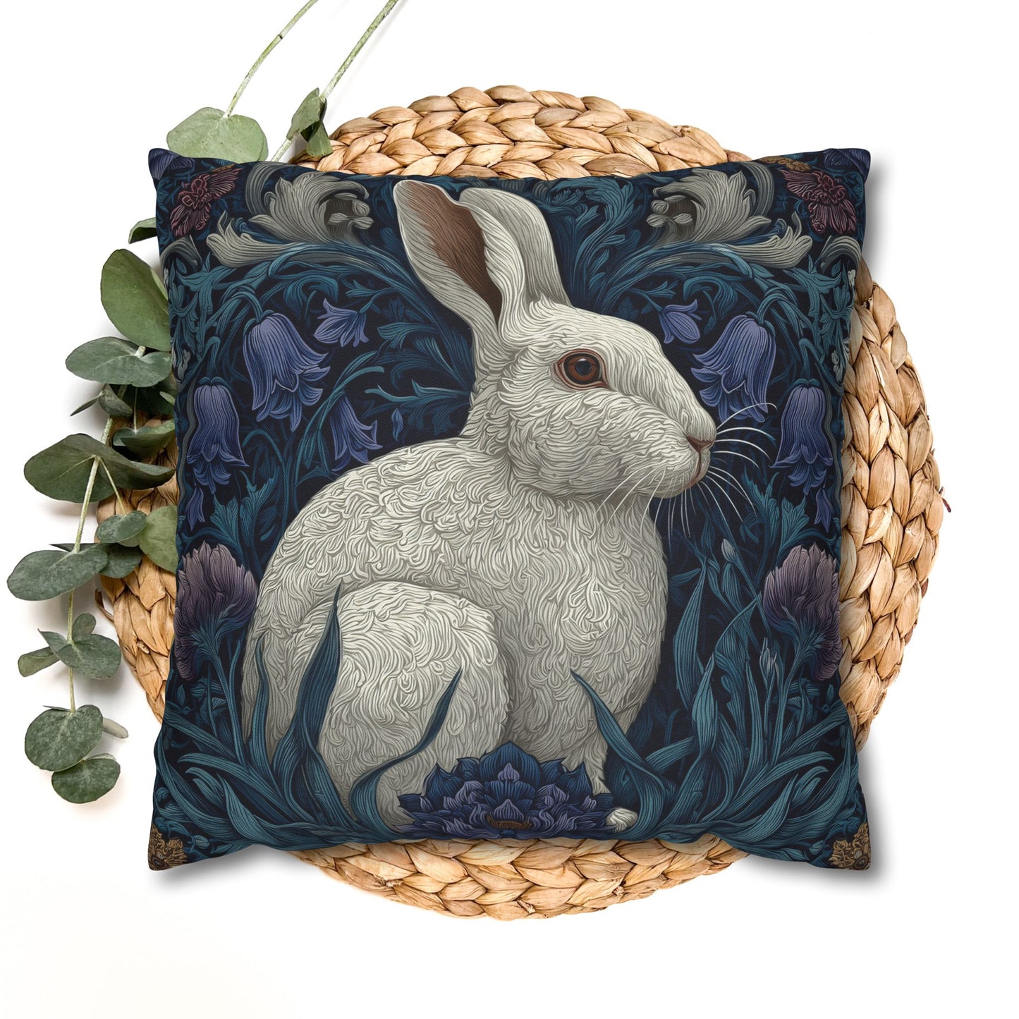 White Rabbit Floral Pillowcase, William Morris Style Botanical Bunny Cushion for Cozy Home Décor