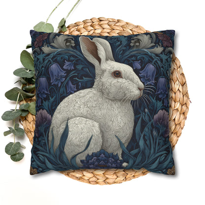 White Rabbit Floral Pillowcase, William Morris Style Botanical Bunny Cushion for Cozy Home Décor