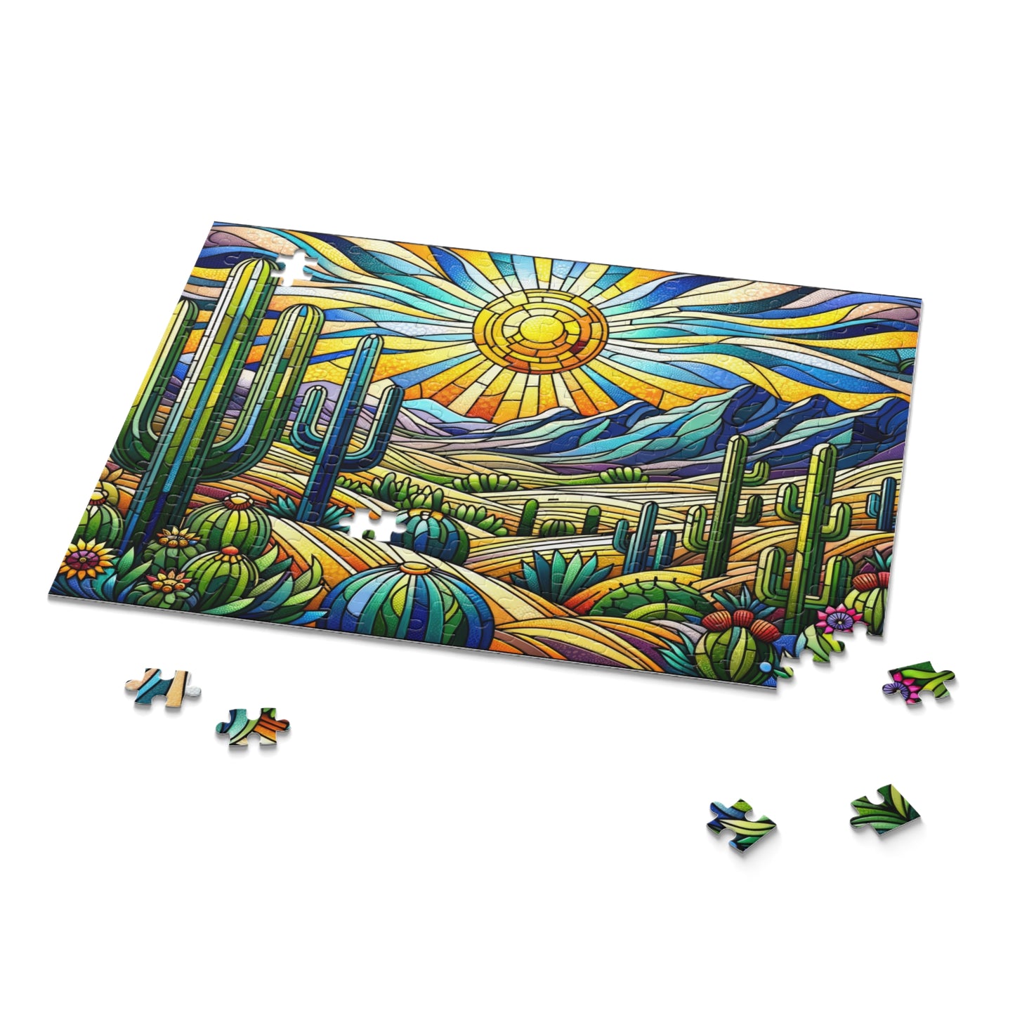 Cactus Dessert Scene Stained Glass Jigsaw Puzzle Box (120, 252, 500-Piece) Adult Jigsaw Puzzle, Gift Him Her