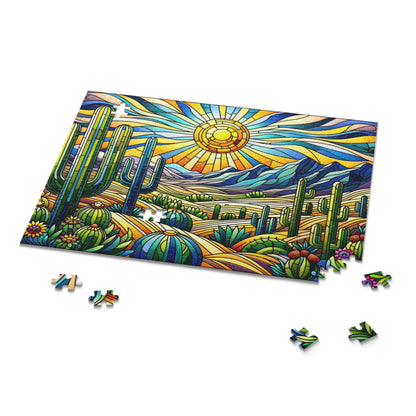 Cactus Dessert Scene Stained Glass Jigsaw Puzzle Box (120, 252, 500-Piece) Adult Jigsaw Puzzle, Gift Him Her