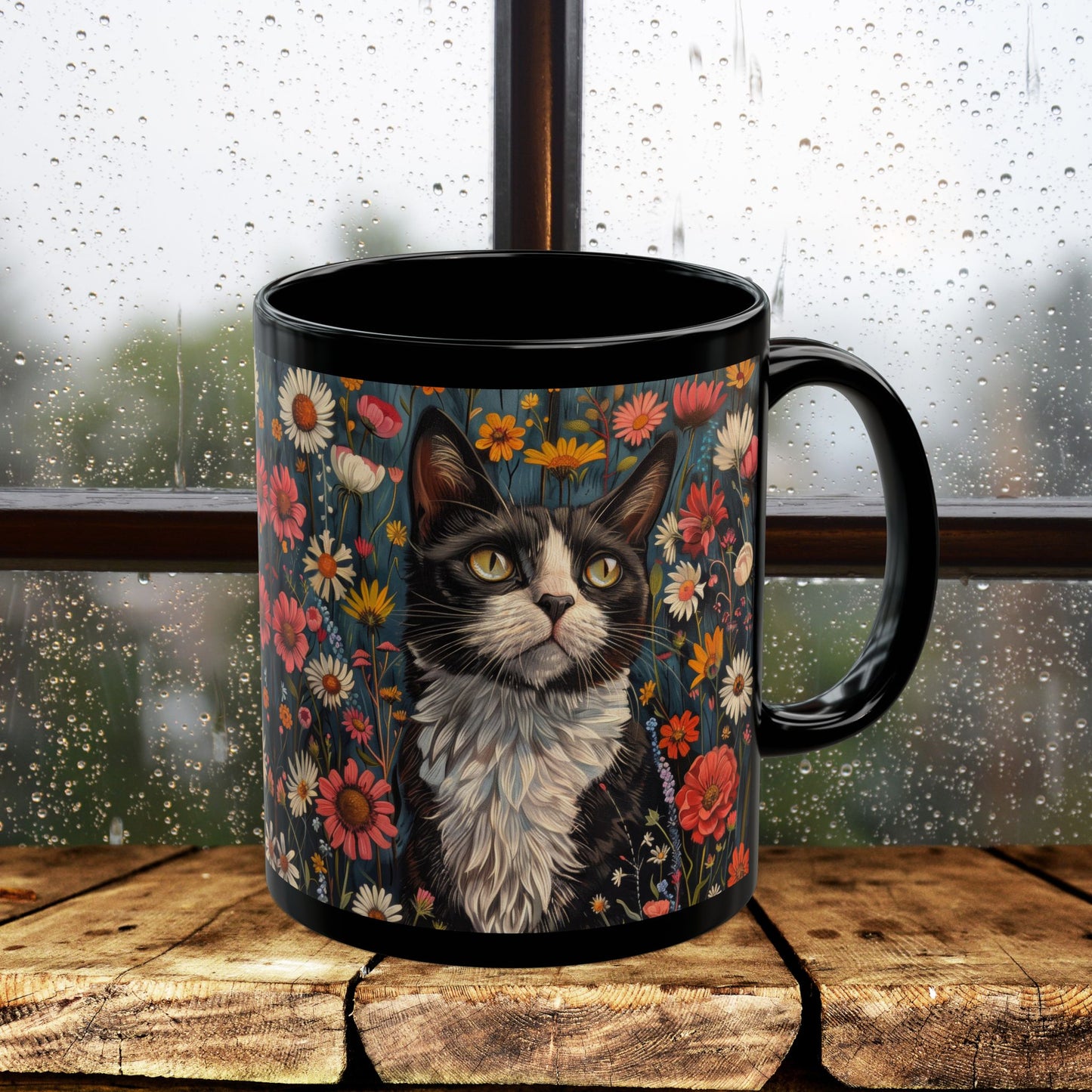 Tuxedo Cat Floral Mug, Vintage Botanical Cat Coffee Mug, William Morris Inspired Black Ceramic Mug 11oz & 15oz