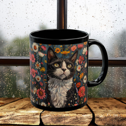 Tuxedo Cat Floral Mug, Vintage Botanical Cat Coffee Mug, William Morris Inspired Black Ceramic Mug 11oz & 15oz