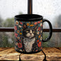 Tuxedo Cat Floral Mug, Vintage Botanical Cat Coffee Mug, William Morris Inspired Black Ceramic Mug 11oz & 15oz