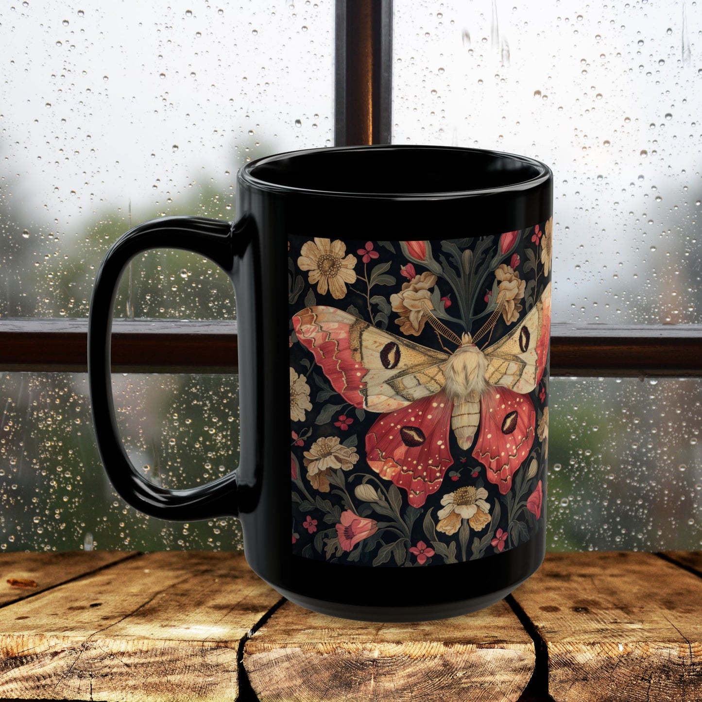 William Morris Inspired Botanical Rosy Maple Moth Black Mug 11oz, 15 oz