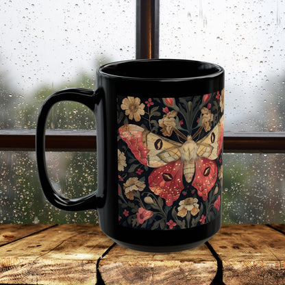 William Morris Inspired Botanical Rosy Maple Moth Black Mug 11oz, 15 oz