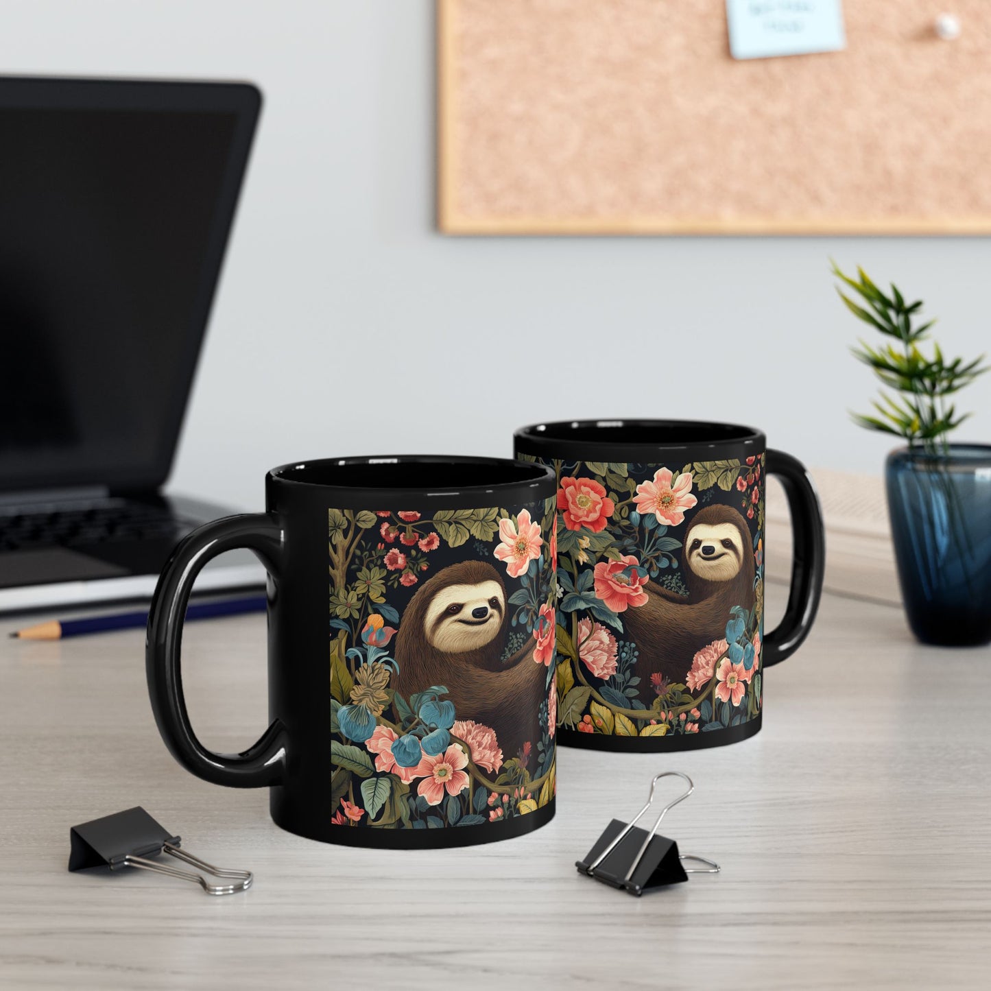 Floral Sloth Black Mug - Cute Coffee/Tea Cup (11oz & 15oz)