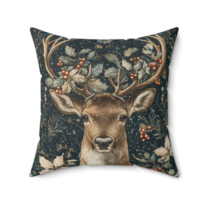 Christmas Reindeer Winter Pillow, William Morris Style Festive Woodland Decorative Cushion