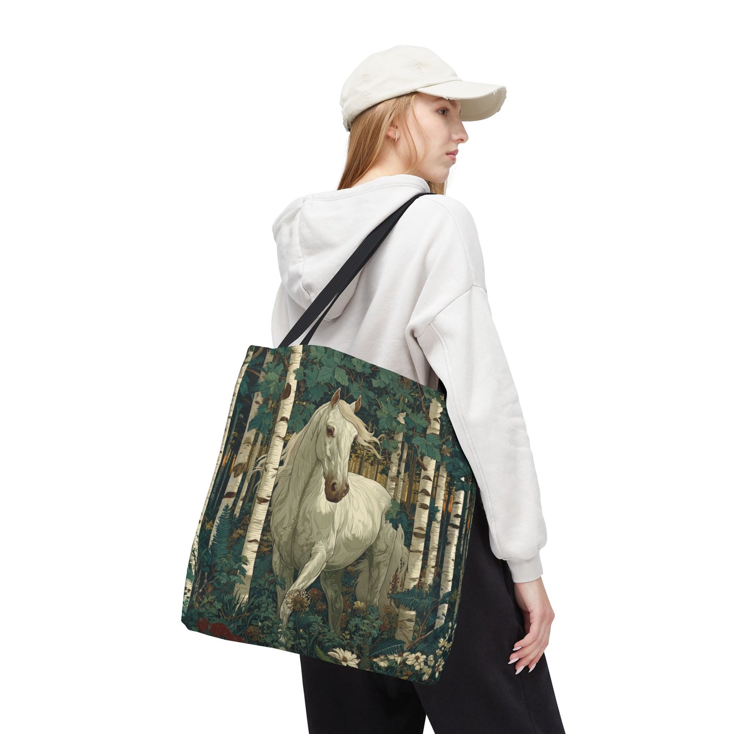 William Morris Inspired White Horse Forest Tote Bag | Woodland Stallion Market Bag