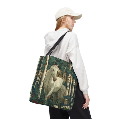 William Morris Inspired White Horse Forest Tote Bag | Woodland Stallion Market Bag