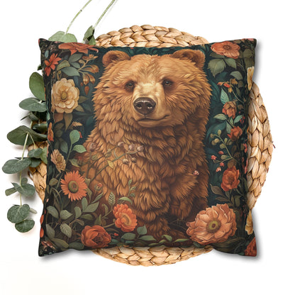Floral Brown Bear Decorative Pillowcase, Woodland Rustic Throw Pillow Cover