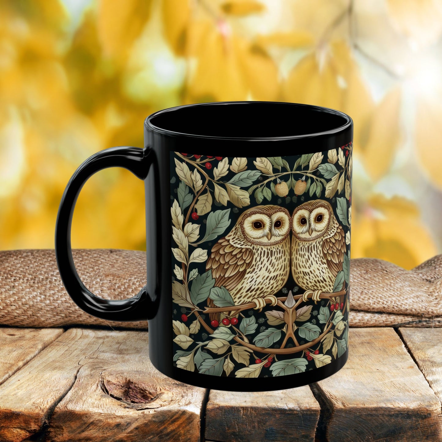 Owl Couple Coffee Mug, William Morris Inspired Woodland Romance Black Ceramic Cup (11oz, 15oz)