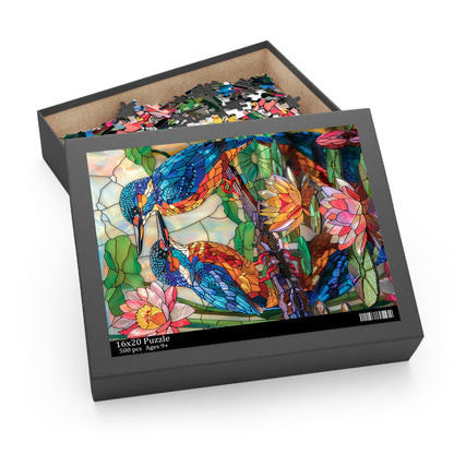 Faux Stained Glass Kingfishers Water Lily Puzzle Box (120, 252, 500-Piece) Family Jigsaw Puzzle, Puzzle Box Gift