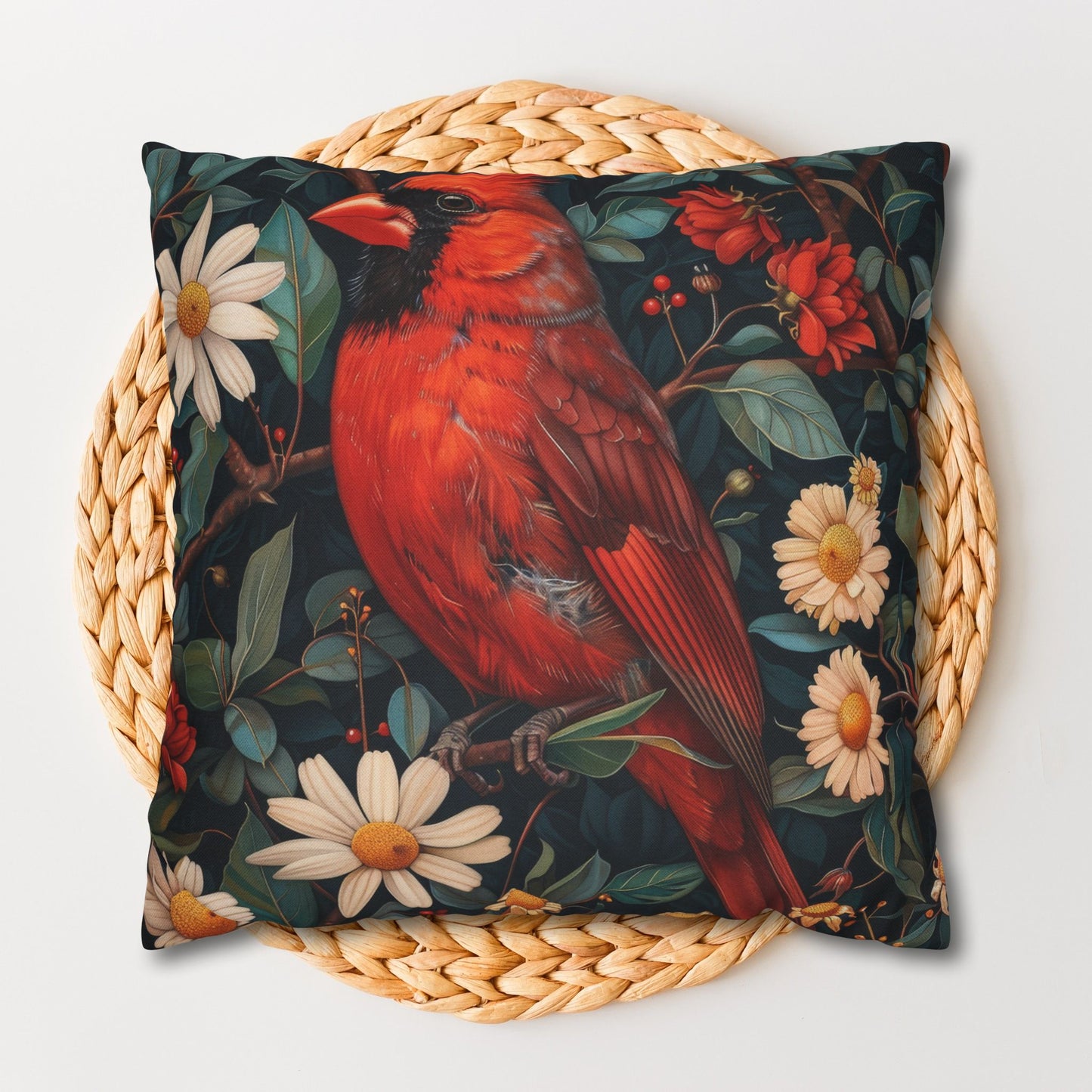 William Morris Inspired Botanical Red Cardinal Pillowcase, Bird Decorative Home Decor Pillowcase