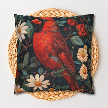 William Morris Inspired Botanical Red Cardinal Pillowcase, Bird Decorative Home Decor Pillowcase