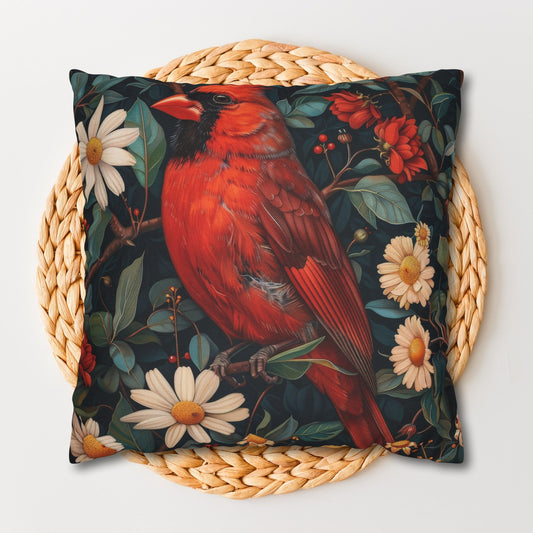 William Morris Inspired Botanical Red Cardinal Pillowcase, Bird Decorative Home Decor Pillowcase