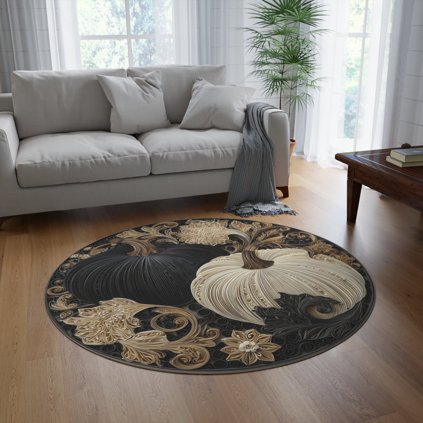 Neutral Pumpkin Round Rug, 5ft Quilled Fall Pumpkins in Black & Cream, Elegant Autumn Floral Scroll Art Area Rug