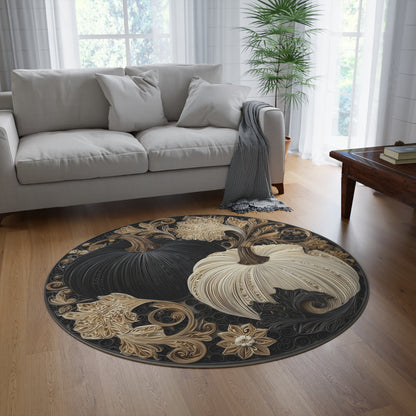 Neutral Pumpkin Round Rug, 5ft Quilled Fall Pumpkins in Black & Cream, Elegant Autumn Floral Scroll Art Area Rug