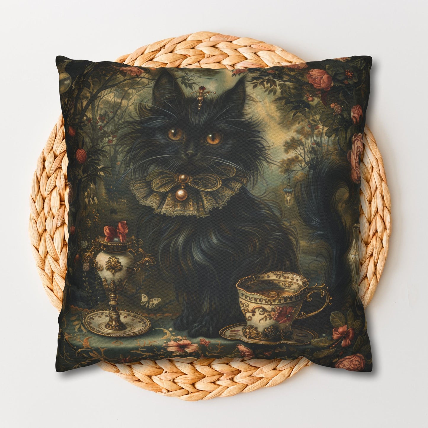 Mystical Cat Pillowcase, Halloween Home Decor, Black Cat Throw Pillow, Witchy Victorian Pillow, Gothic Decorative Pillow