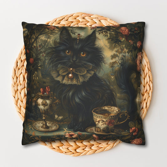 Mystical Cat Pillowcase, Halloween Home Decor, Black Cat Throw Pillow, Witchy Victorian Pillow, Gothic Decorative Pillow