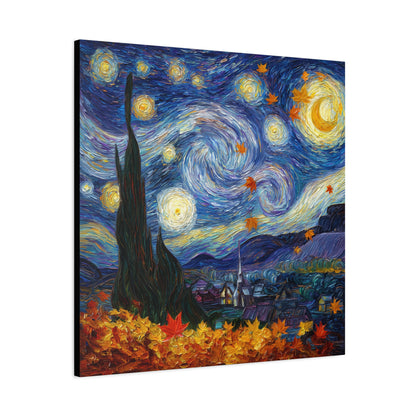 Autumn Starry Night Canvas Wall Art, Van Gogh Inspired Sky with Falling Leaves, Matte Stretched Canvas 1.25"