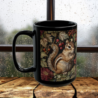 Whimsical Chipmunk Autumn Mug, Black Ceramic Woodland Animal Cup 11oz & 15oz Fall Forest Nature Coffee Mug for Animal Lovers