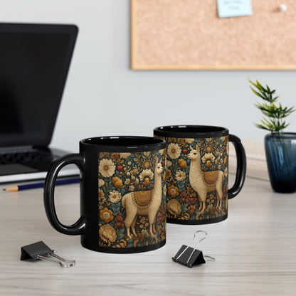 Vintage Floral Llama Mug | Black Ceramic Coffee Cup