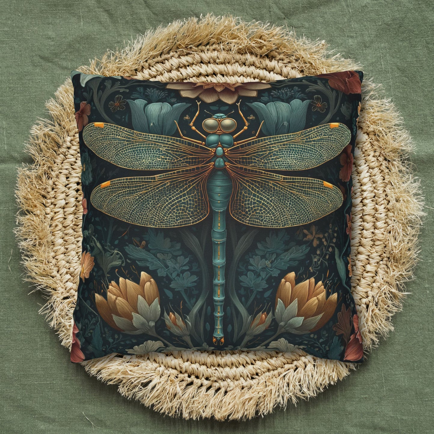 William Morris Inspired Dragonfly Pillowcase, Teal Botanical Art Nouveau Dragonfly Floral Decorative Pillow Cover