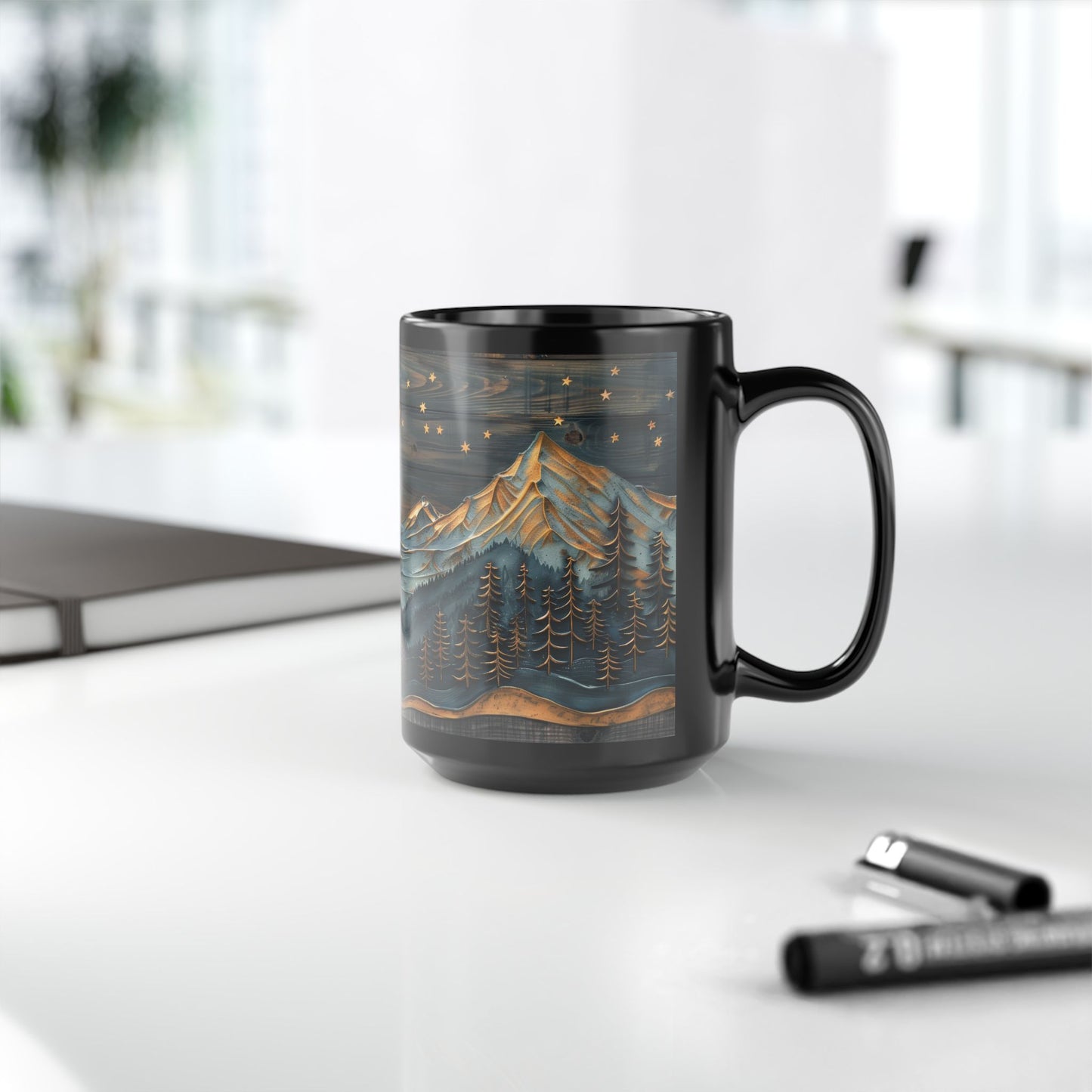 Wooden Crescent Moon Mountain Landscape Black Mug, Winter Carved Wood Art Style Coffee Cup (11oz, 15oz)  Mountain Lover Gift