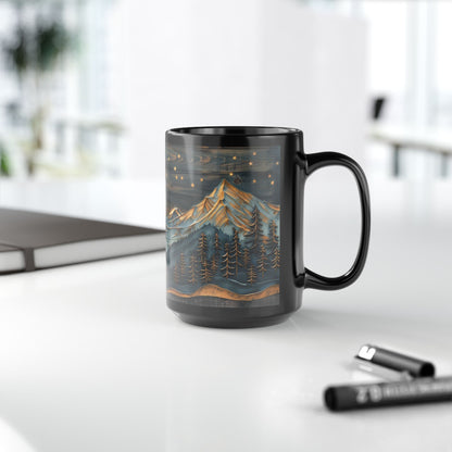 Wooden Crescent Moon Mountain Landscape Black Mug, Winter Carved Wood Art Style Coffee Cup (11oz, 15oz)  Mountain Lover Gift